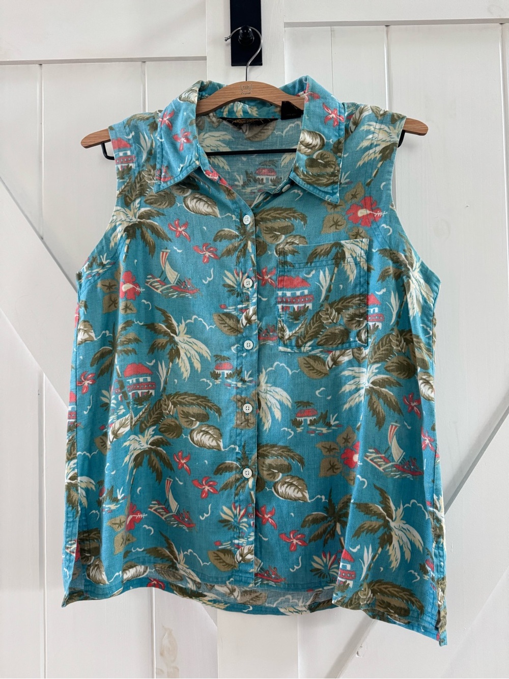Eddie Bauer Vintage Linen Teal Tropical Sleeveless Button-Down Shirt